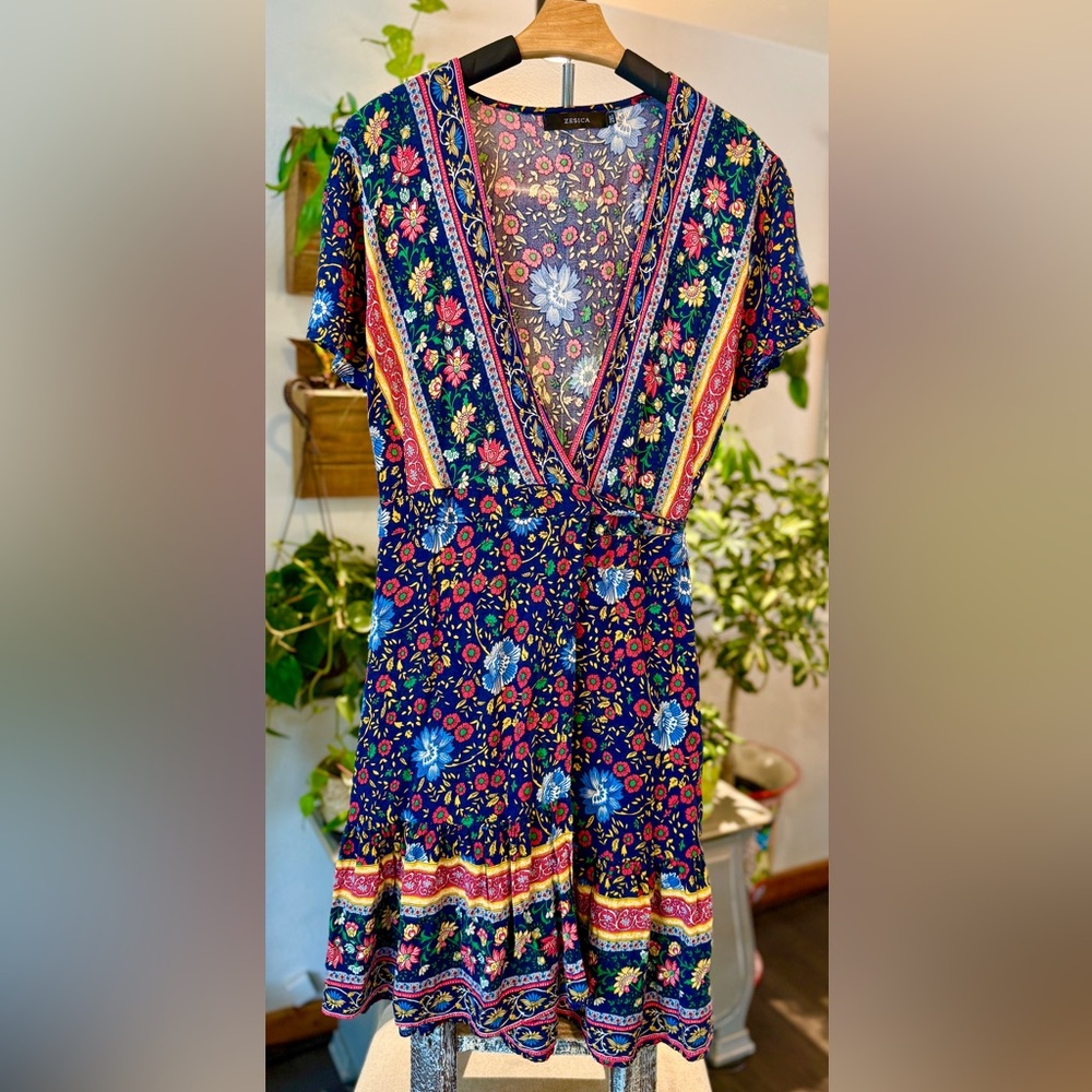 Floral V-Neck Wrap Boho Beach Sundress - 2X (Fits like a Large)